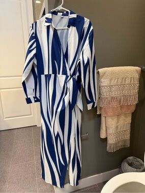 Blue and White Striped Wrap Dress